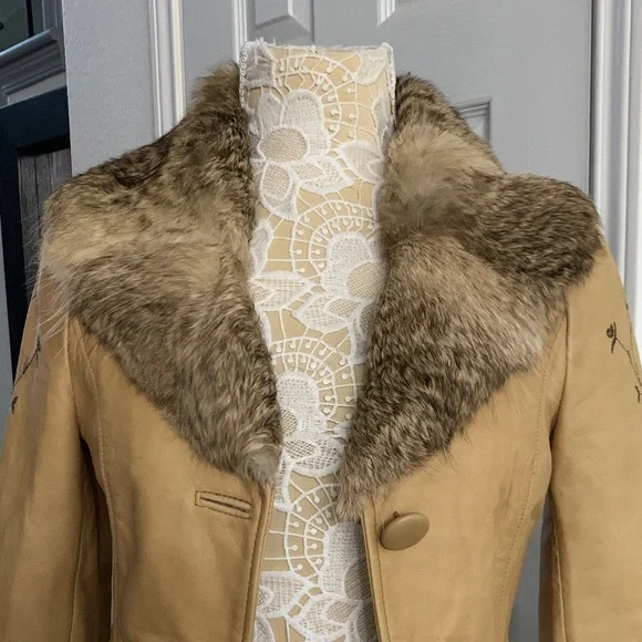 Vintage Arden B | Y2K Penny Lane Tan Leather Coat Fur Collar Embroidered | Sz S - Picture 3 of 13